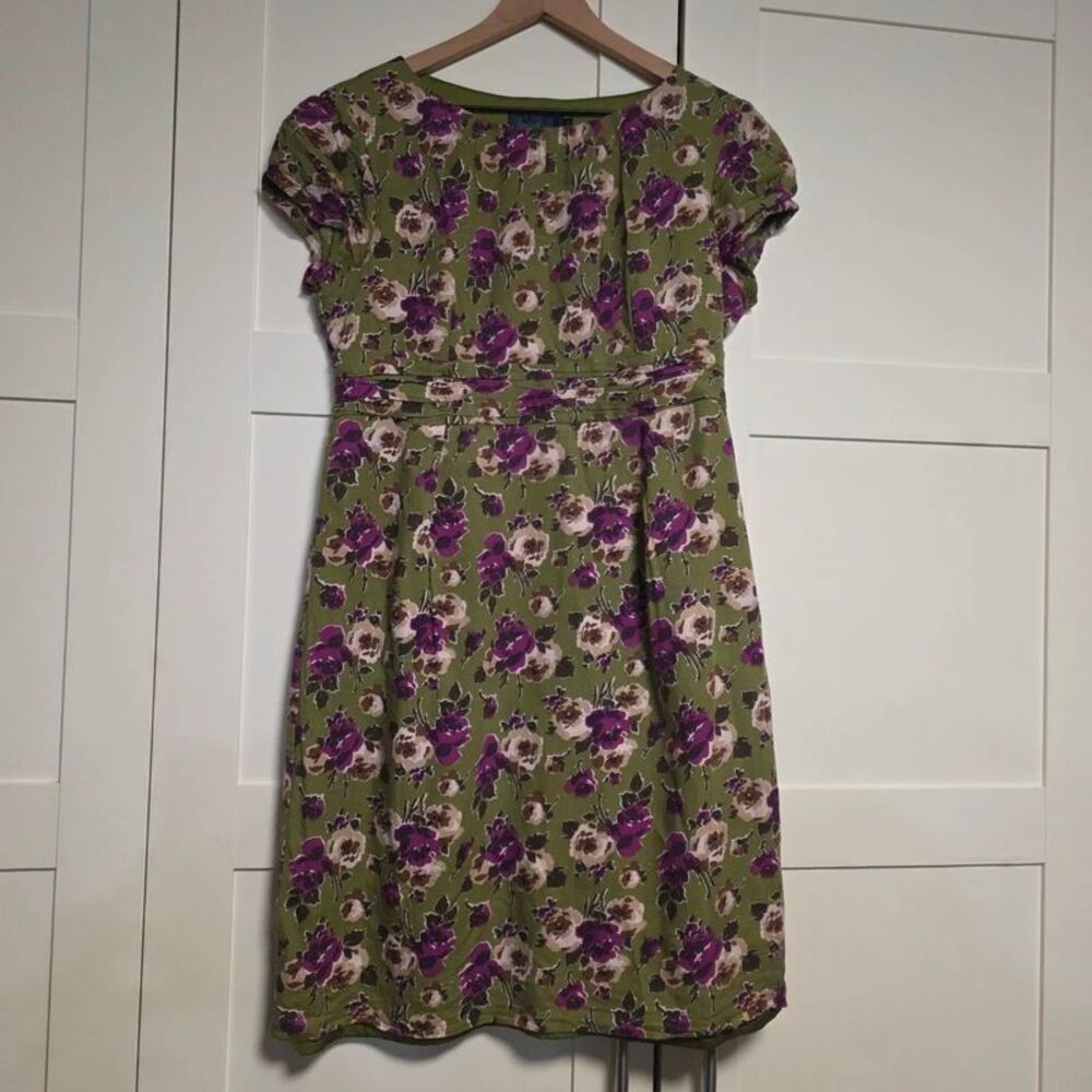 Boden Olive Green Purple Floral Ruched Waist Dress UK 14R US 10